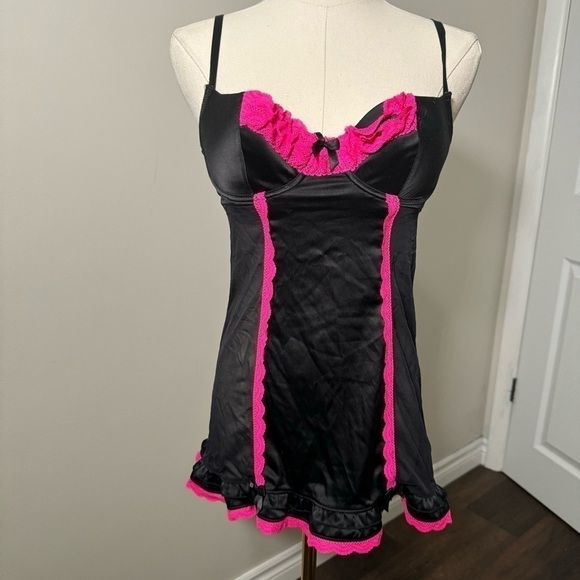 Y2K Black & Hot Pink Satin Babydoll Slip Dress • Vintage Lingerie Nightie - Picture 4 of 6